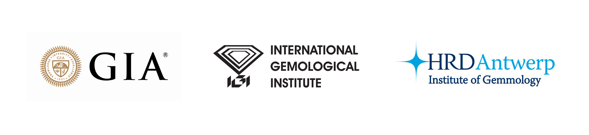 Logo: GIA – Gemological Institute Of America  (americký gemologický institut) / Logo: IGI – Gemological Institute Of America  (americký gemologický institut)  / Logo: HRD Antwerp – Antwerp Diamond Lab  (certifikační ústav v Antverpách) 
